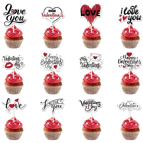 12Pcs Valentine's Day Cake Inserts under $5! Yrmaups 12Pcs Valentine's Day Cake Inserts, Wedding Cake Decoration Flags, Cake Topper Letter Decor, Dessert Picks for Cupcakes, Party Cake Decorations