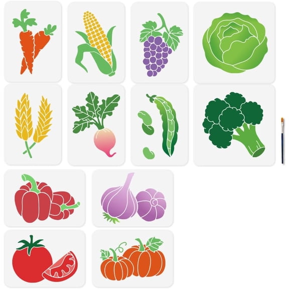 12Pcs Vegetable Fruit Stencil Carrot Cabbage Corn Grapes Art Craft Stencils 11.78.3/11.811.8inch Reusable Broccoli Template Set for Painting on Wood Furniture Canvas Wall Paper Decor