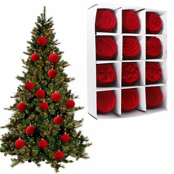 12Pcs Velvet Christmas Ornaments, Shatterproof Christmas Tree Balls, Flocked Xmas Tree Ornaments, Velvet Hanging Balls for Holiday Home Party Decor, Decorative Bulbs for Xmas Tree and Garland