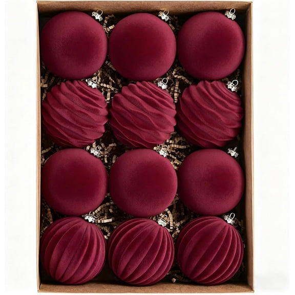 12Pcs Velvet Christmas Tree Ornaments, 2.4'' Burgundy Christmas Ornaments Set, Flocked Shatterproof Xmas Tree Balls Hanging Decorations Set for Holiday Party Home Decor