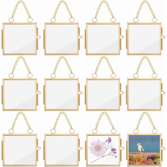 12Pcs Wall Hanging Iron Double Folding Picture Frames Glass Family Photo Frame for Home Decoration Square Brushed Antique Bronze 105mm