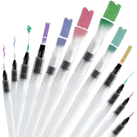 12Pcs Watercolor Brush Pens, Premium Leakproof Water Brush Pen with 6 Assorted Tips for Aquarelle, Gouache, Acrylics, Refillable Paint Pens, Arts Value Set