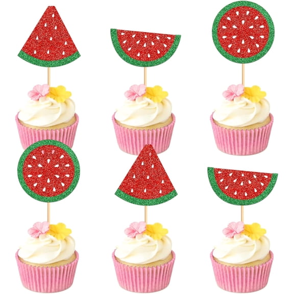 12Pcs Watermelon Cupcake Toppers, Red & Green Glitter Watermelon Slice Picks for Summer Pool Party, Fruit Themed Birthday, BBQ Party Decor