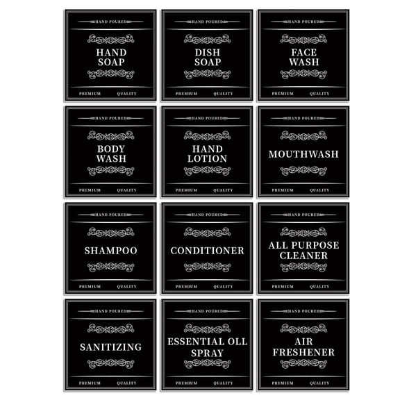 12Pcs Waterproof Adhesive Label for Glass Soap Dispenser and Plastic Bottles Sticker for Kitchen Bathroom and Shower Set