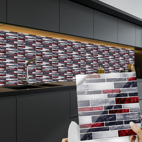 12Pcs Waterproof Peel and Stick Backsplash Tile Stickers, 8" x 8" Square, Red and Gray Marbling Vinyl Wall Decals for Kitchen Bathroom