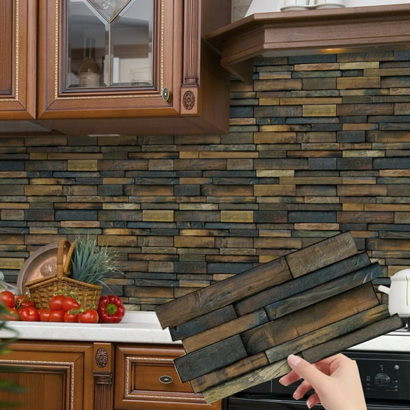 12Pcs Waterproof Peel and Stick Tiles Stickers Wall Decals 4.72 x 9.68inch Wood Grain Pattern DIY Decor Kitchen Backsplash