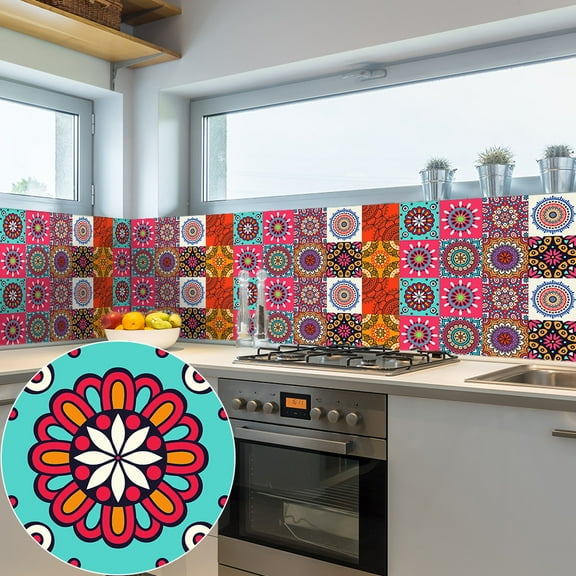 12Pcs Waterproof Peel and Stick Vinyl Tiles Wall Stickers Colorful Mandala Pattern Decor Backsplash DIY Decals 7.87"x7.87"