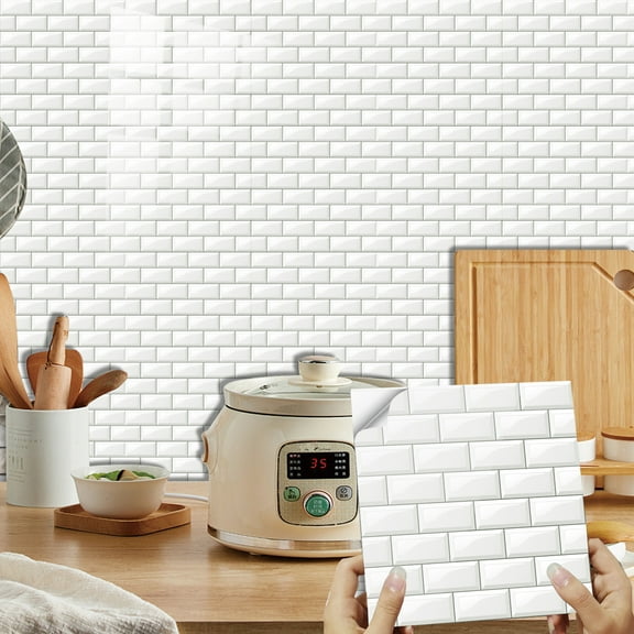 12Pcs Waterproof Vinyl Tiles Wall Stickers Peel and Stick Kitchen Backsplash White Brick Pattern Decor 5.9"x5.9"