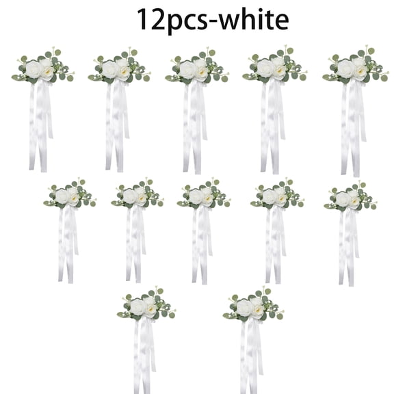 12Pcs Wedding Chair Decorations - Artificial Flowers with Ribbons, White Wedding Aisle Decorations for Ceremony Reception Church Party