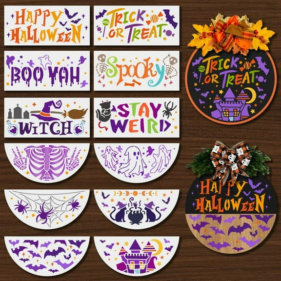12Pcs Welcome Stencils for Painting on Wood Half Round Stencils 12inch Free Combination Style Ghosts Spiders Candy Stencil for Front Door Home Decor with Paint Brush