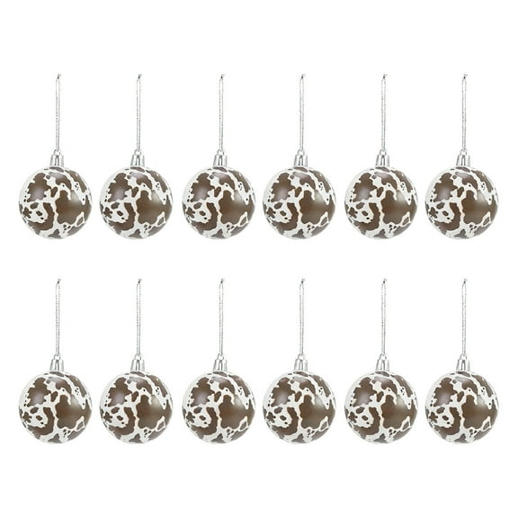 12Pcs Cowhide Printed Christmas Ball Ornaments 2.36 Inch Western Cow Hanging Ornaments Black Brown Country Farmhouse Rustic Holiday Decoration for Home Xmas Tree Gift (Brown)