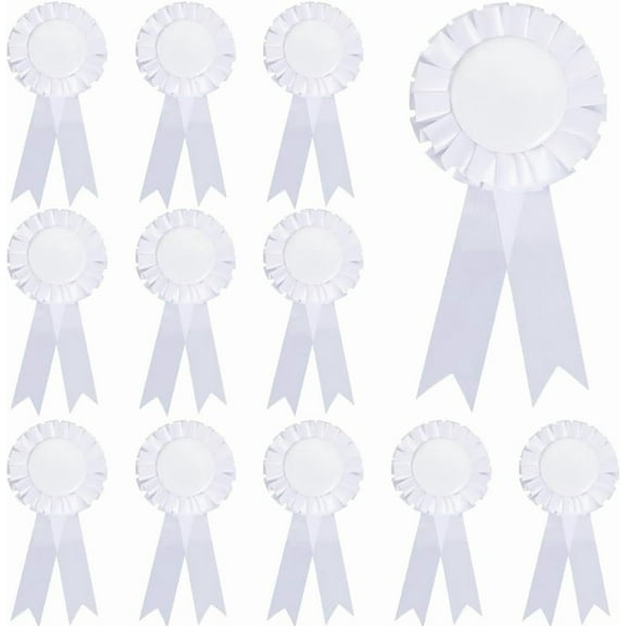 12Pcs White Brooch Winner Blank Award Ribbon Button Pin Victory Ribbons Rosette Ribbon Grand Prize for DIY Classroom Party Accessory Competition Sports Event School Contests Show White