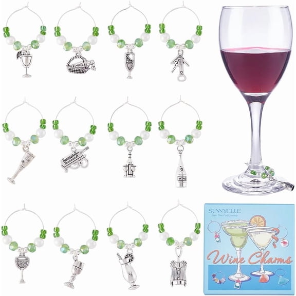 12Pcs Wine Theme Glass Wine Glass Charms with Alloy Charms Brass Wine Glass Charms Ring Antique Silver 45~60mm 12pcs/set