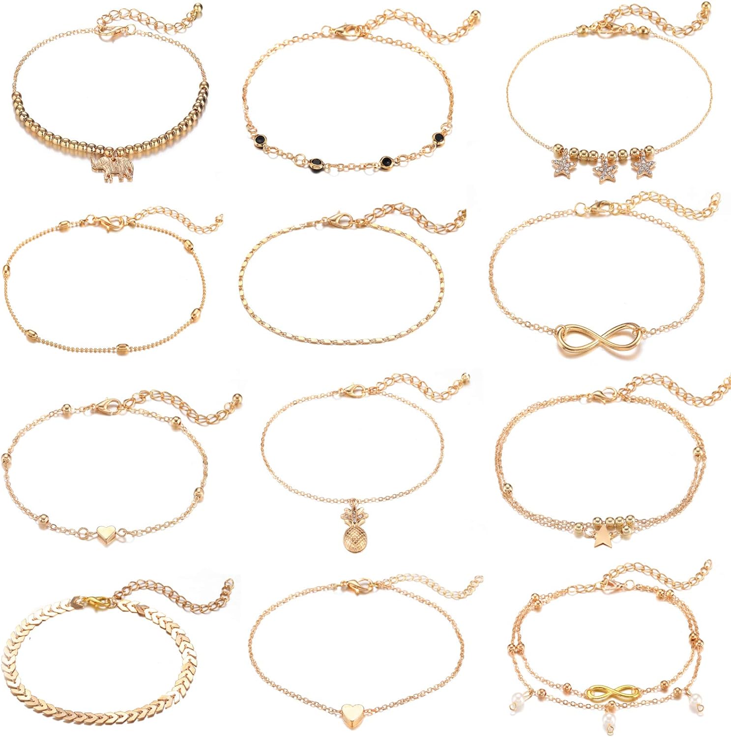 12Pcs Women'S Charm Anklet Set Gold Multilayer Adjustable Ankle