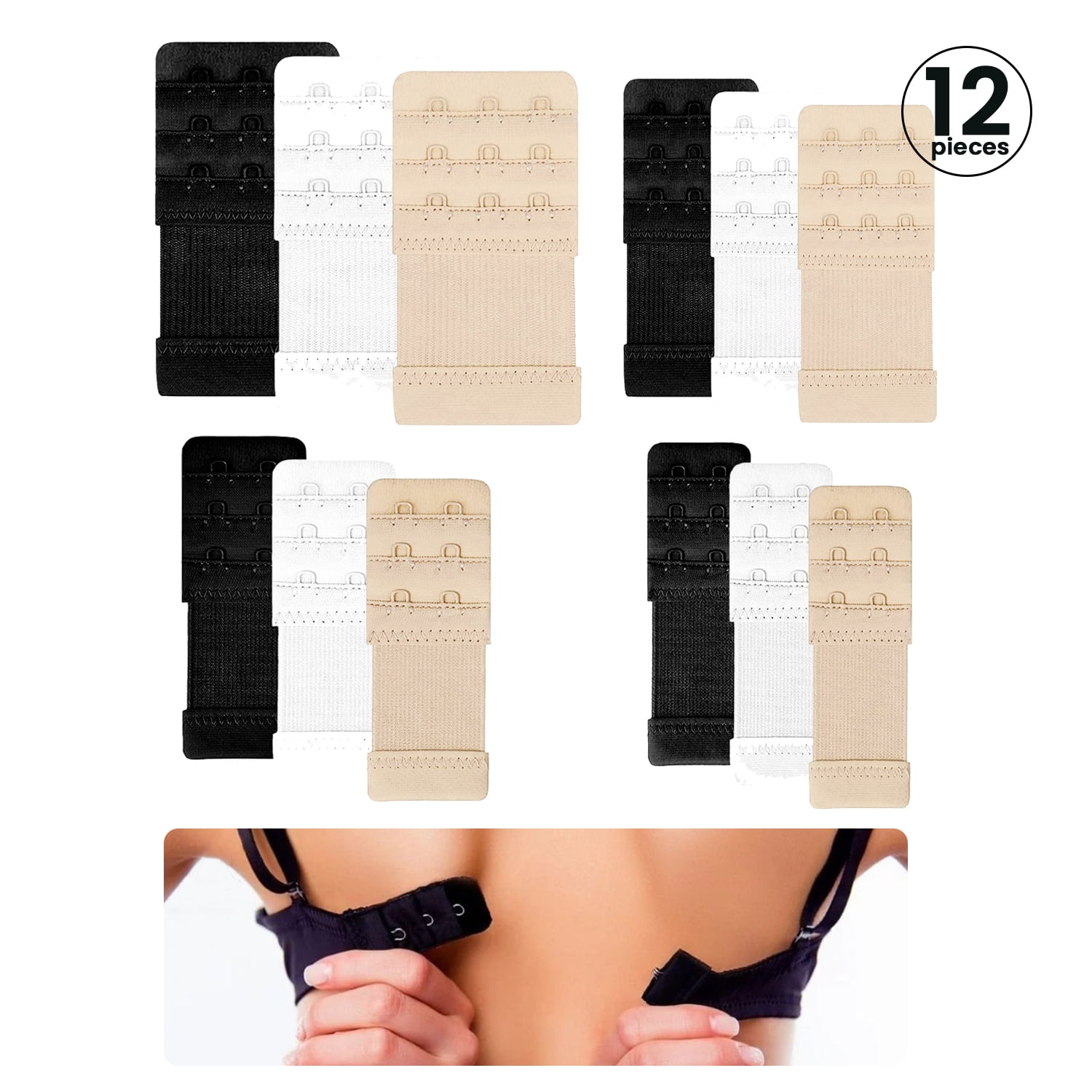 12Pcs Women's Bra Extenders 2 Hook / 3 Hook Elastic Stretchy Bra Extension  Strap (4 Sizes & 3 Colors)