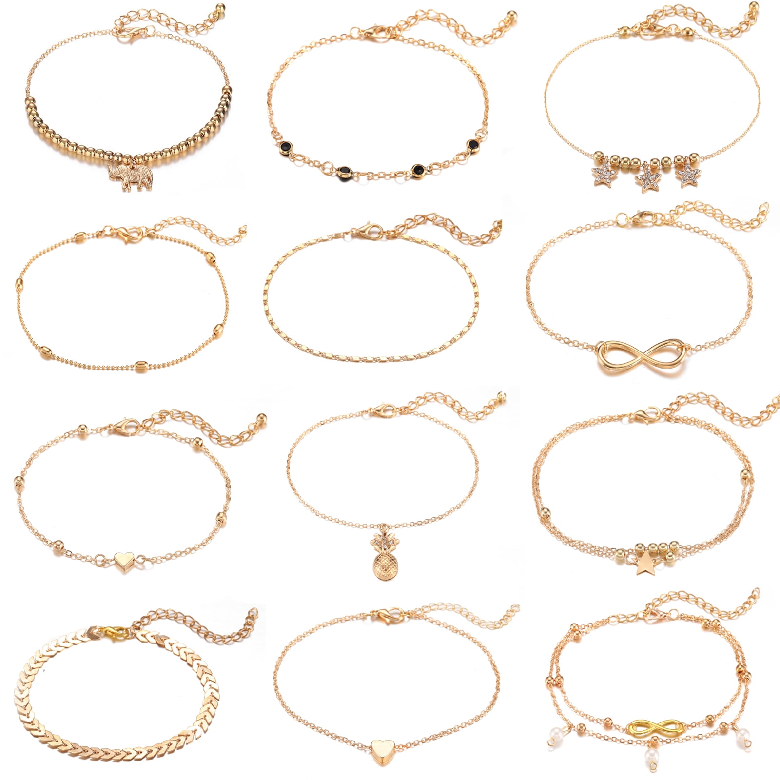 12Pcs Women's Charm Anklet Set Multilayer Chain Ankle Bracelets Boho
