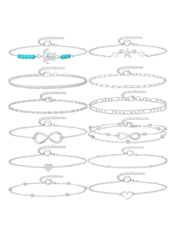 12Pcs Women's Charm Anklet Set Multilayer Chain Ankle Bracelets Boho Silver Anklet for Women
