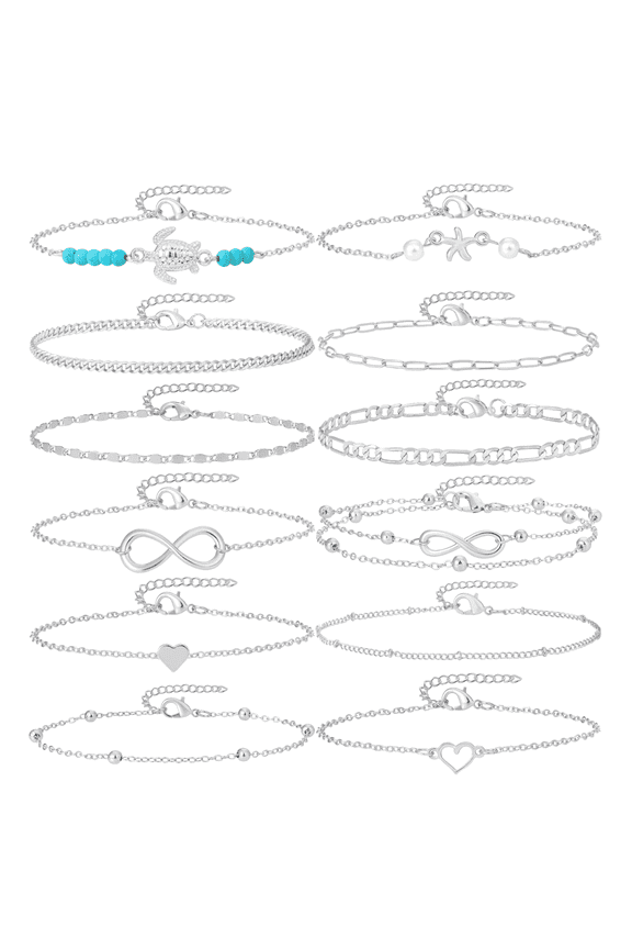 12Pcs Women's Charm Anklet Set Multilayer Chain Ankle Bracelets Boho Silver Anklet for Women