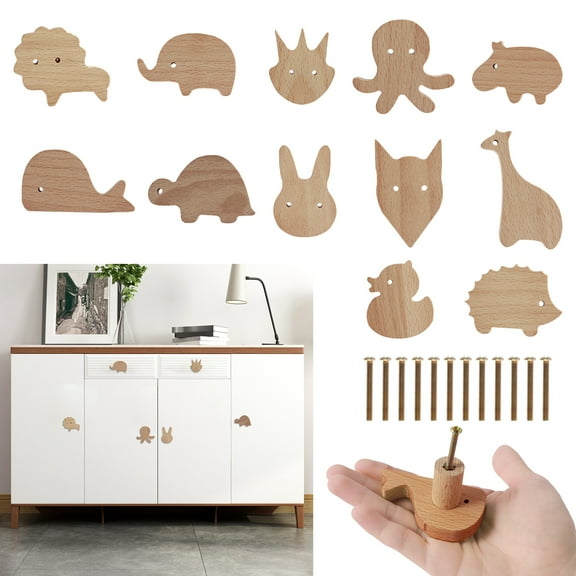 12Pcs Wood Dresser Knobs Animals Shape Nursery Drawer Knobs Easy to Install Dresser Pull Knobs Cute Wood Cartoon Knobs Wood Nursery Knobs Wood Knobs with 12 Screws for Nursery Bedroom Closet