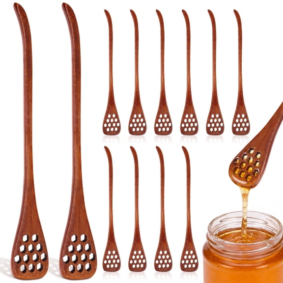 12Pcs Wooden Honey Spoon Dippers, 7inch Long Handle Reusable Stirrers for Tea Coffee, Natural Wood Honeycomb Sticks for Kitchen Dining