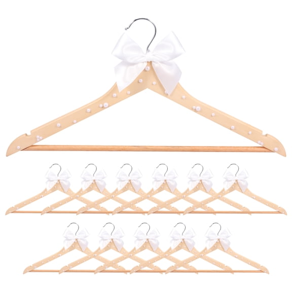 12Pcs Wooden Bridal Dress Hanger Elegant Wedding Bridesmaid Hanger with Faux Pearl and Bow for Wedding Bridal Bridesmaid Dress
