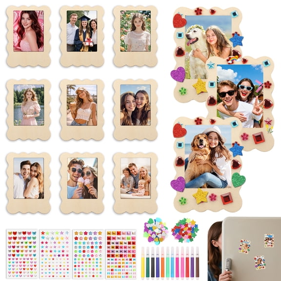 12Pcs Wooden Magnet Photo Frame Kit with Marker Rhinestone Sticker Glitter Sequin DIY Unfinished Wooden Mini Picture Frame for Refrigerator Decor, Anniversary & Party Gifts