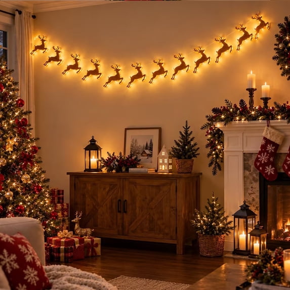 12Pcs Wooden Reindeer Wall Lamp Decor, 12" Warm Glow Christmas Reindeer Wall Hanging Night Light, Festive Wall Art Ornament for Bedroom, Living Room, Mantel, Christmas Decorations Indoor