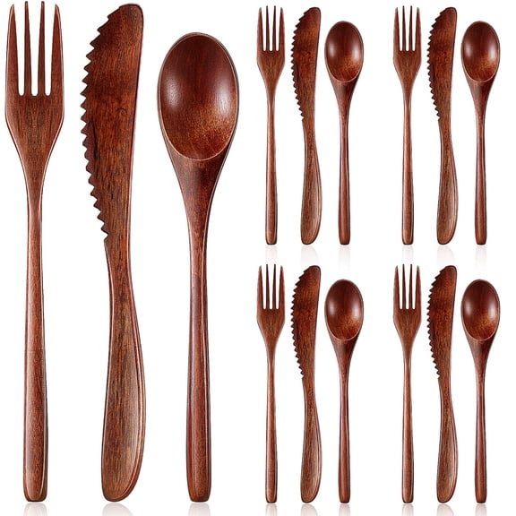 12Pcs Wooden Spoons Forks Knife Set, Wooden Utensils for Eating, Cutlery Set Kitchen Spoon, Reusable Flatware Tableware