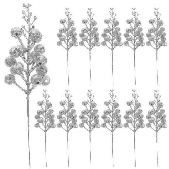 HOMEMAXS Glitter Artificial Berry Stems for Decoration Silver Color Foam Material 12 Pieces