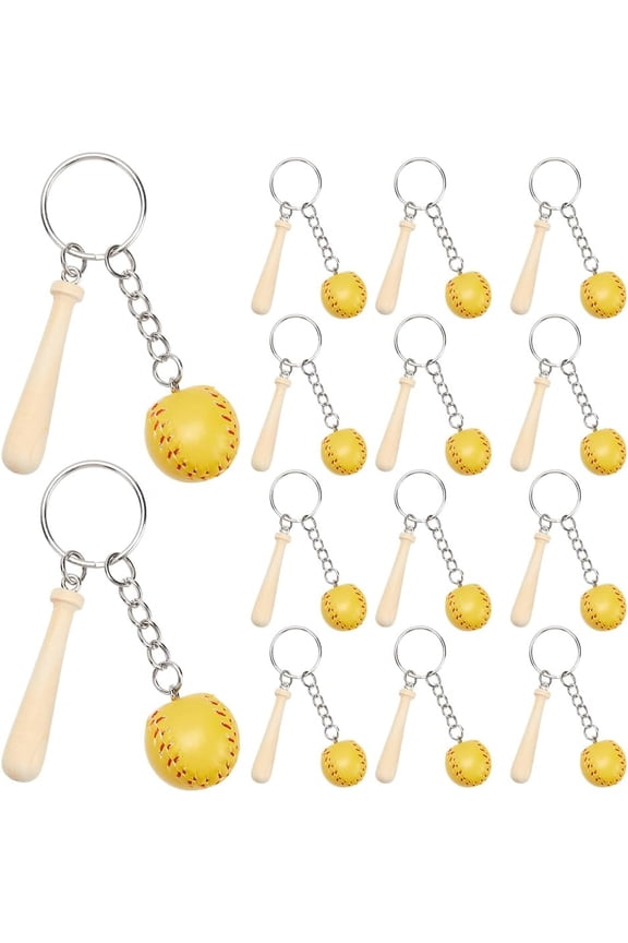 12Pcs Yellow Baseball and Softball Keychain Bulk Wooden Baseball Keychains Mini PU Leather Baseball Bat Softball Keyrings Sport Keychains