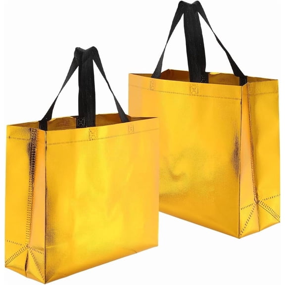 12Pcs Yellow Goodie Bag Yellow Shopping Bags Medium Reusable Non-woven Thick Grocery Birthday Party Favor Present Gift Wrapping Packaging Bulk Fabric Tote with Handle for Christmas Holiday