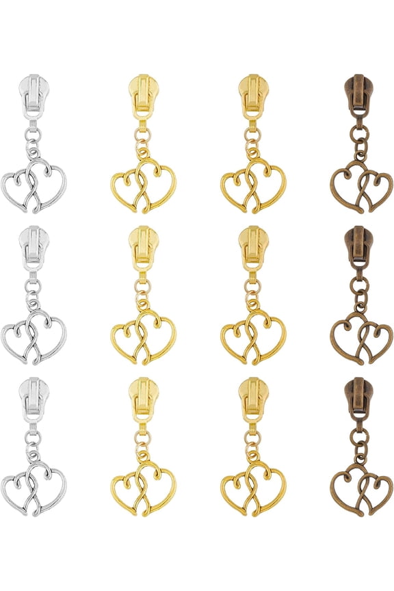 12Pcs Zipper Sliders with Double Heart Pendant Zinc Alloy Jacket Zipper Replacement Slider Vintage Styling Zipper Repair Sliders for Jacket Hoodie Backpack Mixed Color