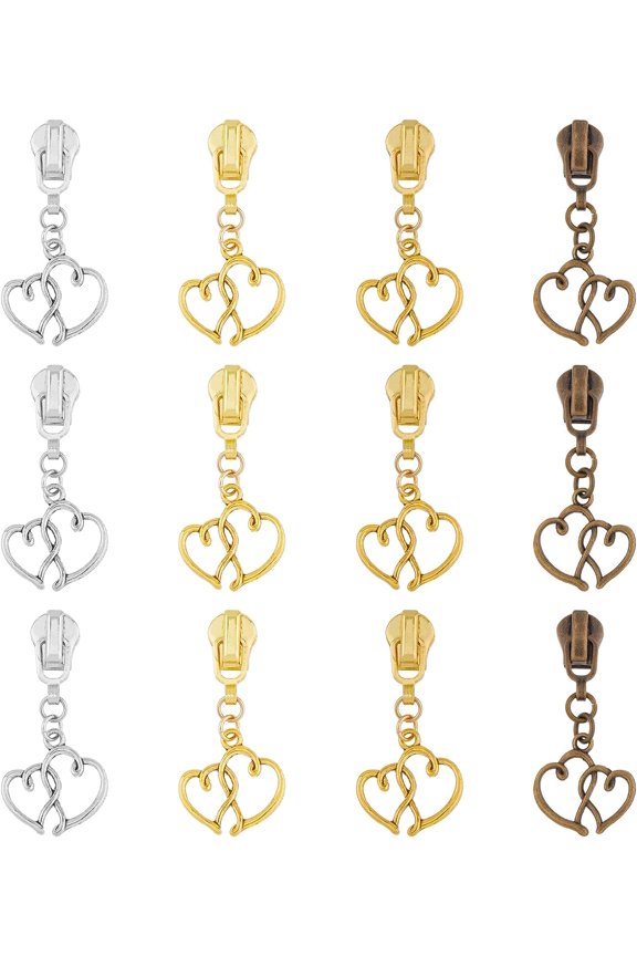 12Pcs Zipper Sliders with Double Heart Pendant Zinc Alloy Jacket Zipper Replacement Slider Vintage Styling Zipper Repair Sliders for Jacket Hoodie Backpack