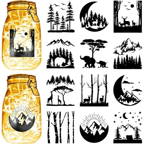 12Pcs est Mountain Silhouettes Mason Jar Decor Moon Animal Laser Cut Cardboard Scrapbook Cutouts Die Cuts PVC Crafting Lantern Jars Wall Painting Window Glass 3.9x3.5Inch-No Sticker Mixed Color