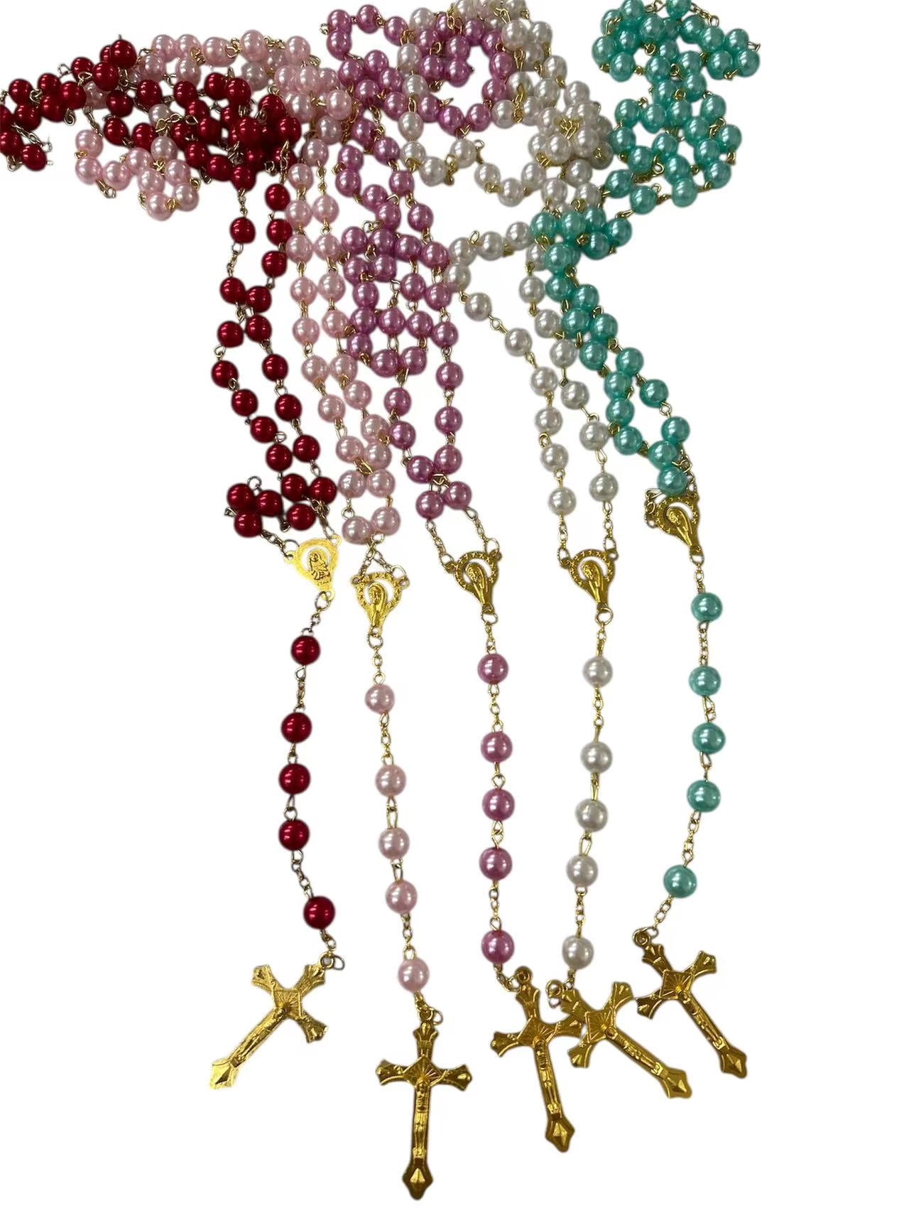 12Pcs mixed faux pearl Rosaries gold tone Cross Rosary / Religious Rosary/baptism favor
