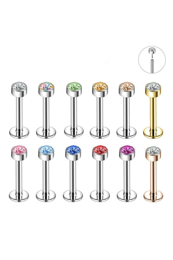 12Pcs/set 16G Push in Labret Lip Studs Rings Colorful Cubic Zirconia Monroe Medusa Piercing Conch Helix Cartilage Piercing