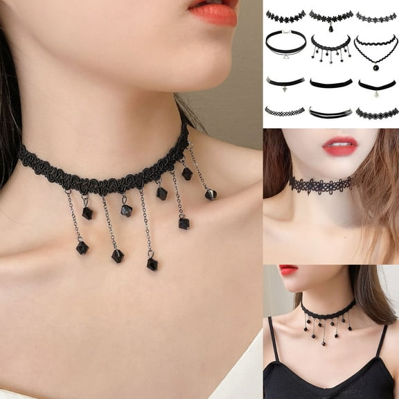 12Pcs/set Faux Pearl Dangle Flower Pattern Women Necklaces Lightweight Gothic Vintage Lace Collar Necklaces Jewelry Accessory