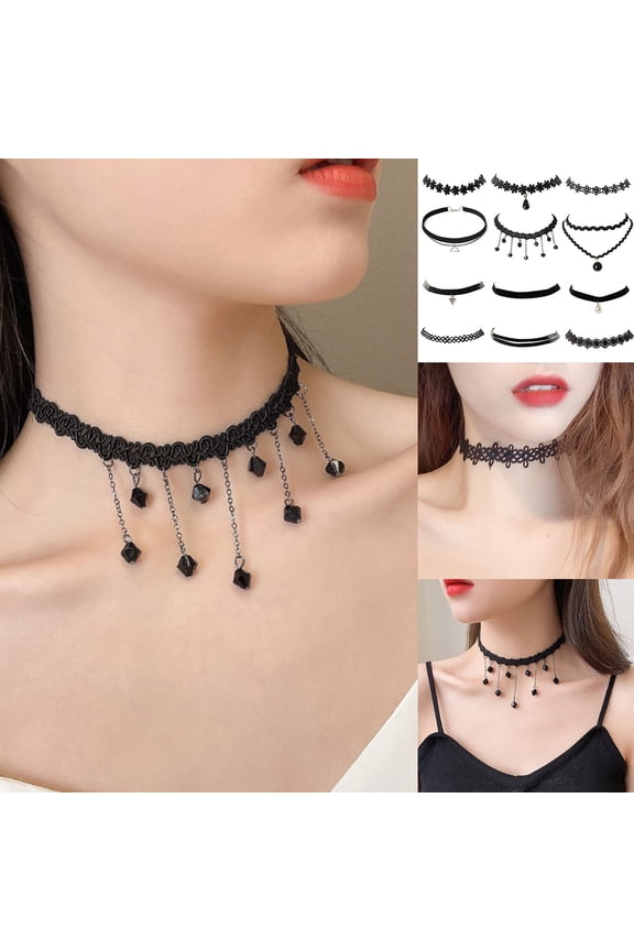 12Pcs/set Faux Pearl Dangle Flower Pattern Women Necklaces Lightweight Gothic Vintage Lace Collar Necklaces Jewelry Accessory