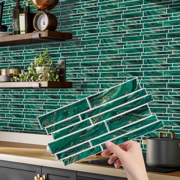 12Piece DIY Peel and Stick Tile Stickers 9.68 x 4.72inch Mosaic Brick Green Marbling Wall Decals Modern Vinyl Waterproof Self Adhesive Backsplash