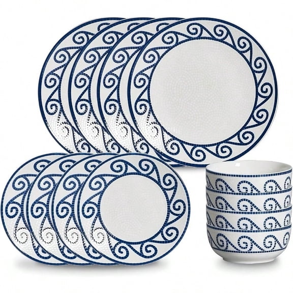 12Piece Dinnerware Set For 4 Stoneware Kitchen Plates Bowls Set Coastal Dinnerware Sets Microwave Dishwasher Scratch Resistant Vintage Dishware Set For Everyday Use Family Meals