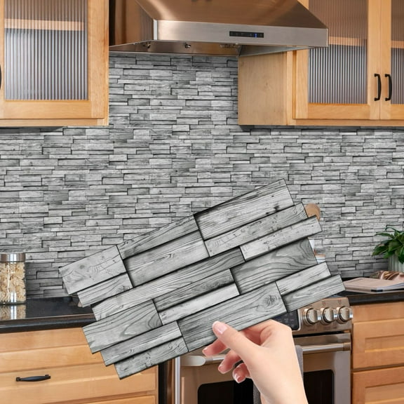 12Piece Gray Wood Grain Kitchen Backsplash Tiles Stickers Wall Decals 4.72 x 9.68inch DIY Decor Peel and Stick Waterproof Tile