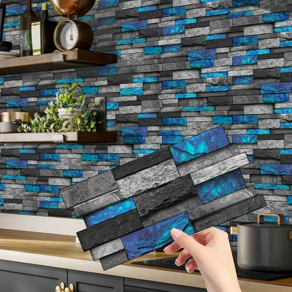 12Piece Kitchen Backsplash Tiles Stickers Wall Decals 4.72 x 9.68inch Gray and Blue Stone Brick DIY Decor Peel and Stick Tile