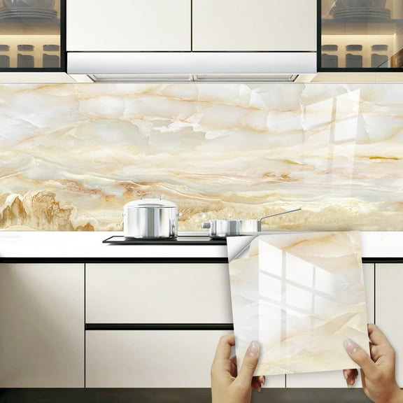 12Piece Marbling Tiles Wall Stickers Beige Yellow Vinyl Peel and Stick Backsplash Self-Adhesive Tile Transfer Sticker 5.9"x5.9"
