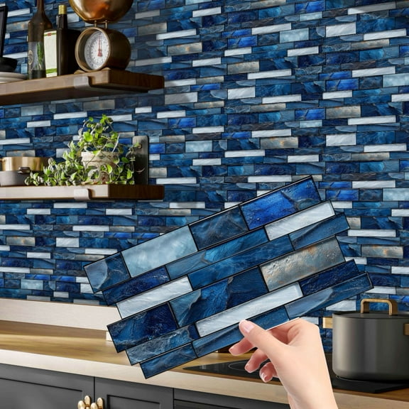 12Piece Peel and Stick Waterproof Tiles Stickers 4.72" x 9.68" Blue Gray Stone Mosaic Pattern DIY Wall Decals Self Adhesive Backsplash Kitchen Decor