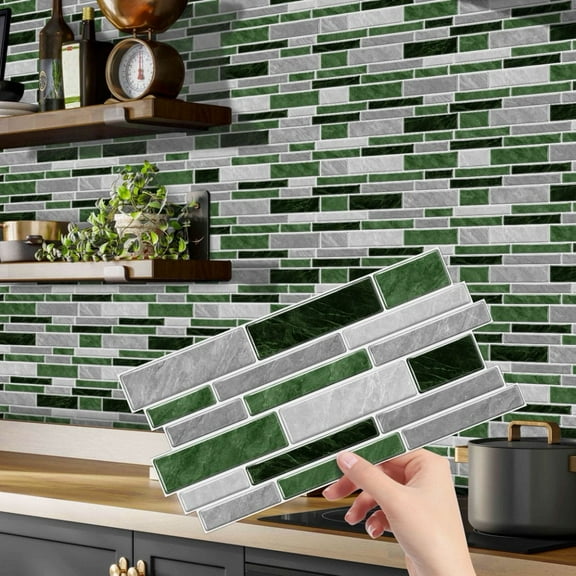 12Piece Self Adhesive DIY Tile Stickers Green Gray Marbling 9.68 x 4.72inch Mosaic Brick Wall Decals Modern Vinyl Waterproof Peel and Stick Backsplash