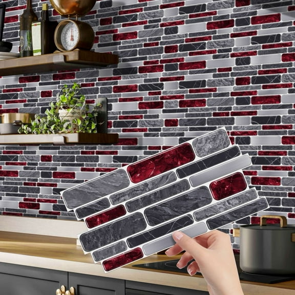 12Piece Self Adhesive Red and Gray Marbling Tiles Stickers Decals 4.72 x 9.68inch DIY Decor Peel and Stick Kitchen Backsplash Wall Tile