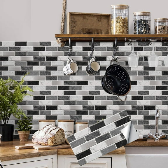 12Piece Tiles Wall Stickers Decals Kitchen Backsplash Black Gray 12"x6" Mosaic Self Adhesive Waterproof Vinyl Peel and Stick Tile Decor