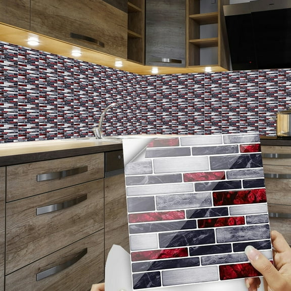 12Piece Waterproof Peel and Stick Backsplash Tile Stickers, 6" x 6" Red and Gray Marbling, Vinyl Wall Decals for Kitchen Bathroom