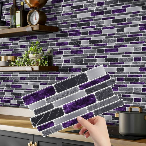 12Piece Waterproof Tiles Stickers Peel and Stick 4.72 x 9.68inch DIY Wall Decals Self Adhesive Backsplash Mosaic Purple Gray Marble Decor