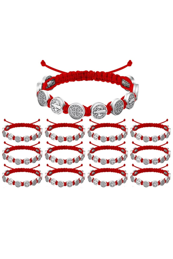 12Pieces Pack San Benito Bracelets Protection Handmade Red Black Cord Benedict Wrist Bracelets Adjustable Medal Rosary Bracelet Luck Benedictine Serenity Blessing Friendship Bracelet for Women Men